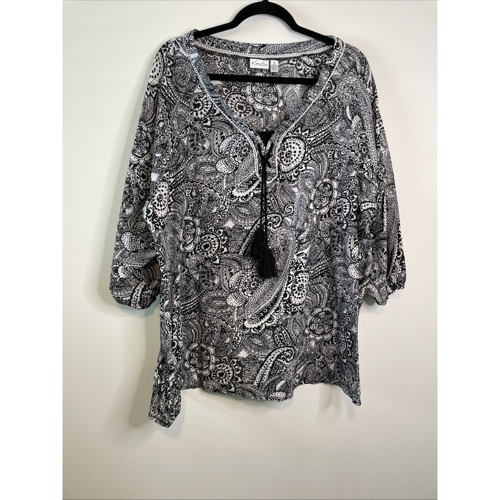 Kim Rogers Woman 3X Paisley Tunic Top Black White Tassel Boho Plus Blouse - Picture 1 of 10